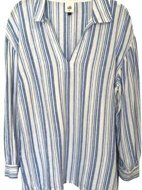 Cabi Linen Blend Shirt Women Size M Blue White Stripe V-Neck Long Sleeve Beach